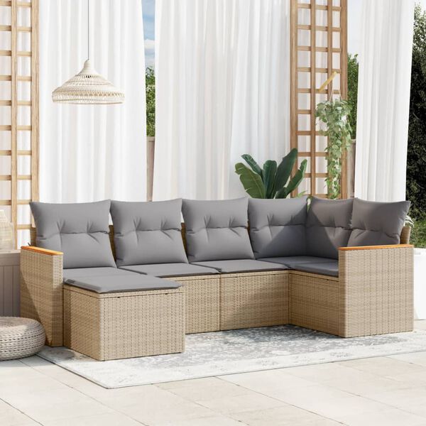 vidaXL 6-delige Loungeset met kussens poly rattan gemengd beige