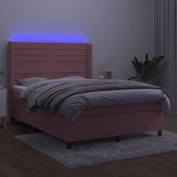 vidaXL Boxspring met matras en LED fluweel roze 140x190 cm