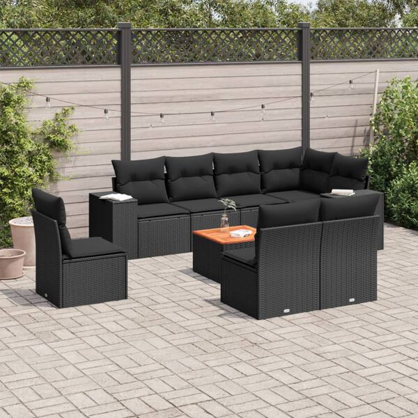 vidaXL 9-delige Loungeset met kussens poly rattan zwart