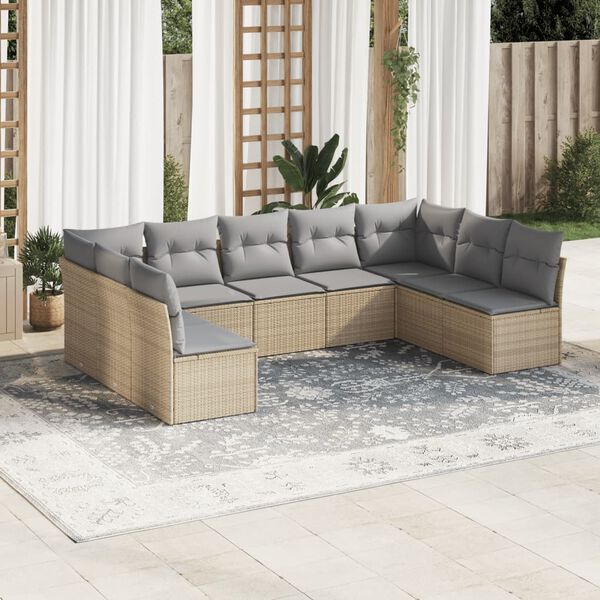 vidaXL 9-delige Loungeset met kussens poly rattan beige