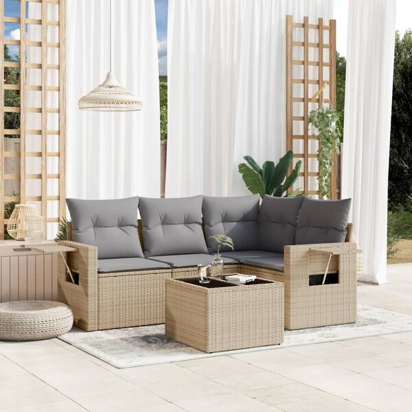 vidaXL 5-delige Loungeset met kussens poly rattan beige