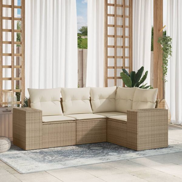 vidaXL 4-delige Loungeset met kussens poly rattan beige