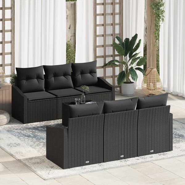 vidaXL Bankstel met kussen met opslag 7 pcs Zwart poly rattan