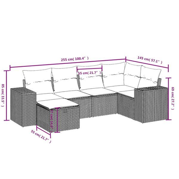 vidaXL 6-delige Loungeset met kussens poly rattan grijs