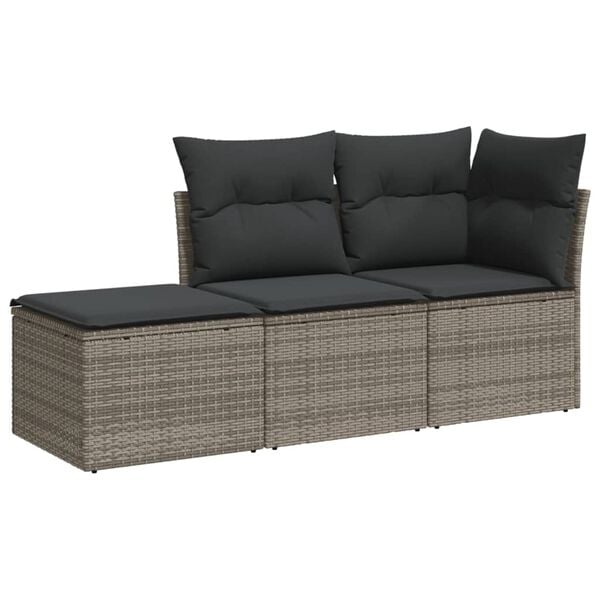 vidaXL 3-delige Loungeset met kussens poly rattan grijs