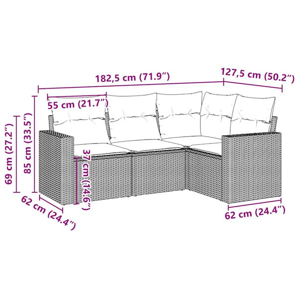 vidaXL 4-delige Loungeset met kussens poly rattan bruin