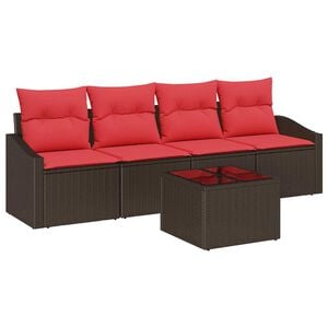 vidaXL Bankstel 5 st 3-Aantal zitplaatsen Bruin en Rood poly rattan