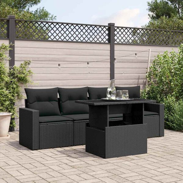 vidaXL 5-delige Loungeset met kussens poly rattan zwart