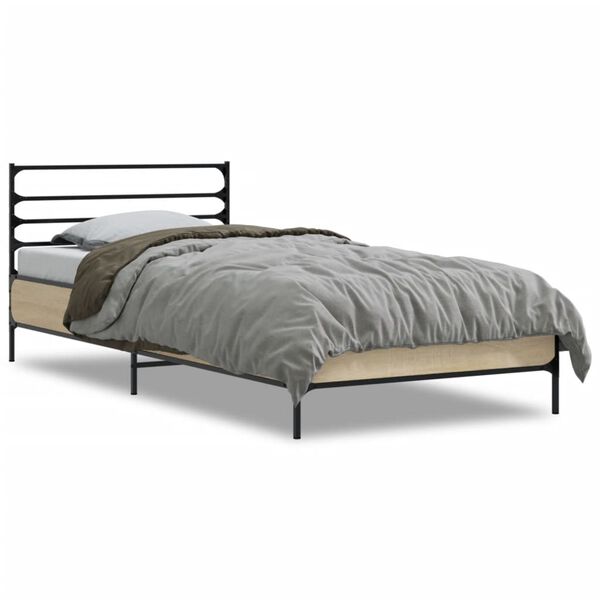 vidaXL Bedframe bewerkt hout en metaal sonoma eikenkleurig 100x200 cm