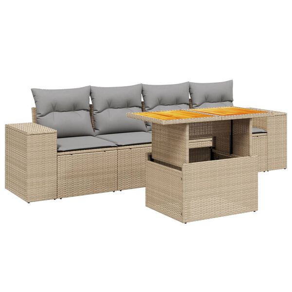 vidaXL 5-delige Loungeset met kussens poly rattan beige