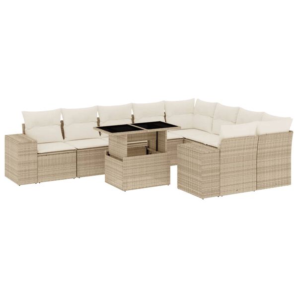 vidaXL 10-delige Loungeset met kussens poly rattan beige