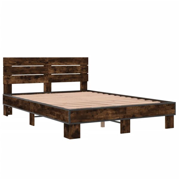 vidaXL Bedframe bewerkt hout metaal gerookt eikenkleurig 135x190 cm