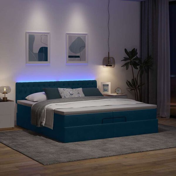 vidaXL Bed poef met matrassen en leds 200x200 cm fluweel donkerblauw