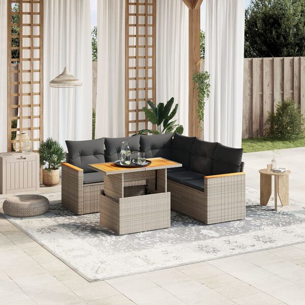 vidaXL 6-delige Loungeset met kussens poly rattan grijs