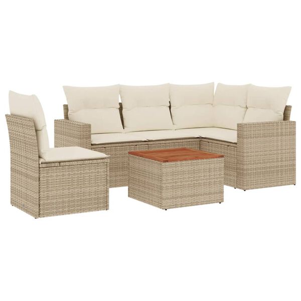 vidaXL 6-delige Loungeset met kussens poly rattan beige