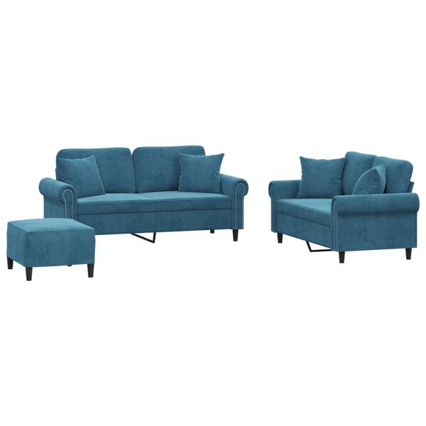 vidaXL 3-delige Loungeset met kussens fluweel blauw