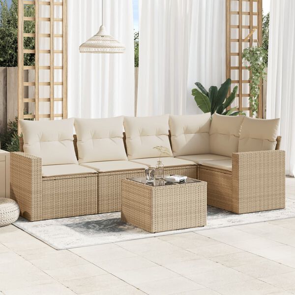 vidaXL 6-delige Loungeset met kussens poly rattan beige