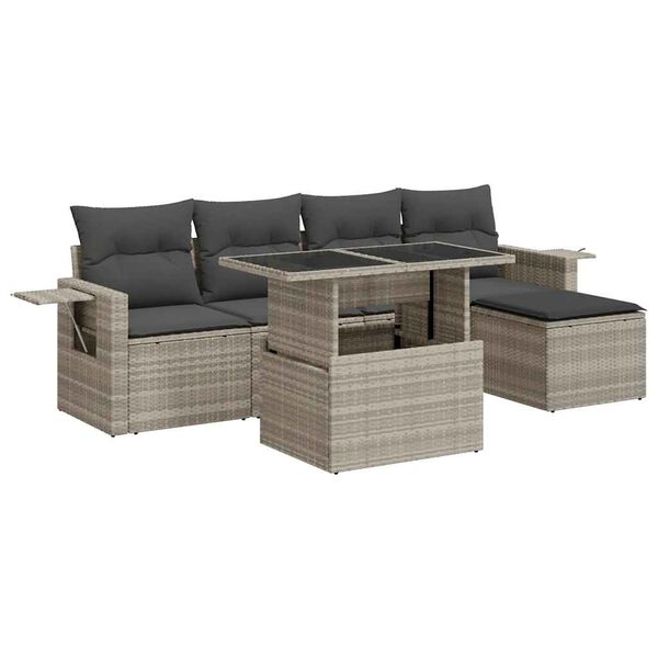 vidaXL 6-delige Loungeset met kussens poly rattan lichtgrijs