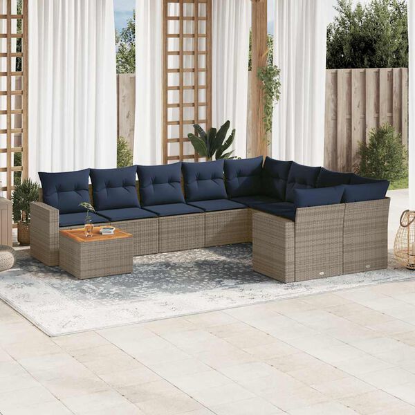 vidaXL 10-delige Loungeset met kussens poly rattan grijs