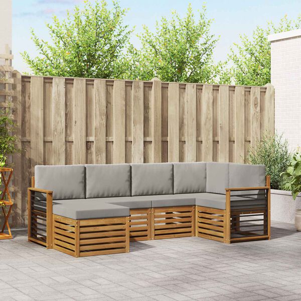 vidaXL Hoekbank Set 6 pcs Natuurlijk en Lichtgrijs Massief Acaciahout