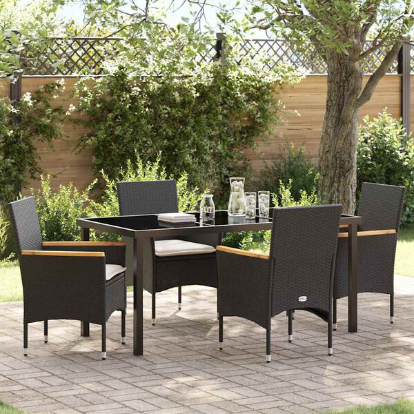 vidaXL Tuin eettafelset met kussen 5 pcs Zwart poly rattan