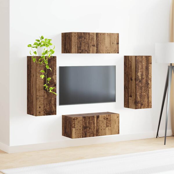 vidaXL TV Wandkast Set Wandgemonteerd 4 pcs Oudhout Bewerkt hout
