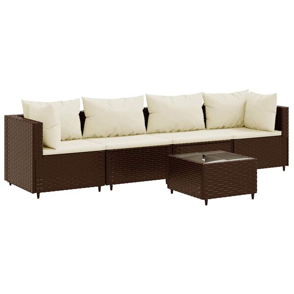 vidaXL 5-delige Loungeset met kussens poly rattan bruin