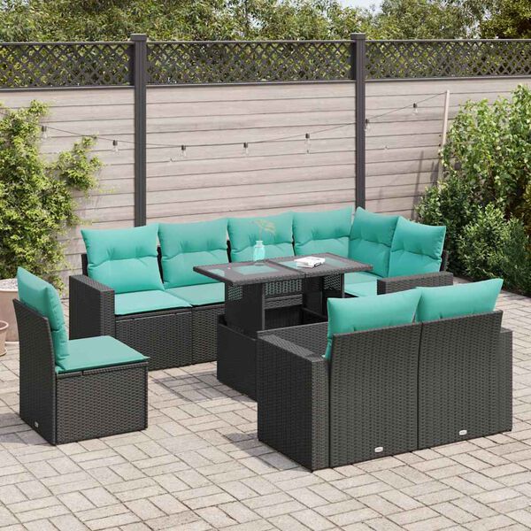 vidaXL 9-delige Loungeset met kussens poly rattan acacia zwart