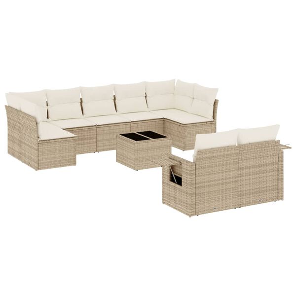 vidaXL 10-delige Loungeset met kussens poly rattan beige