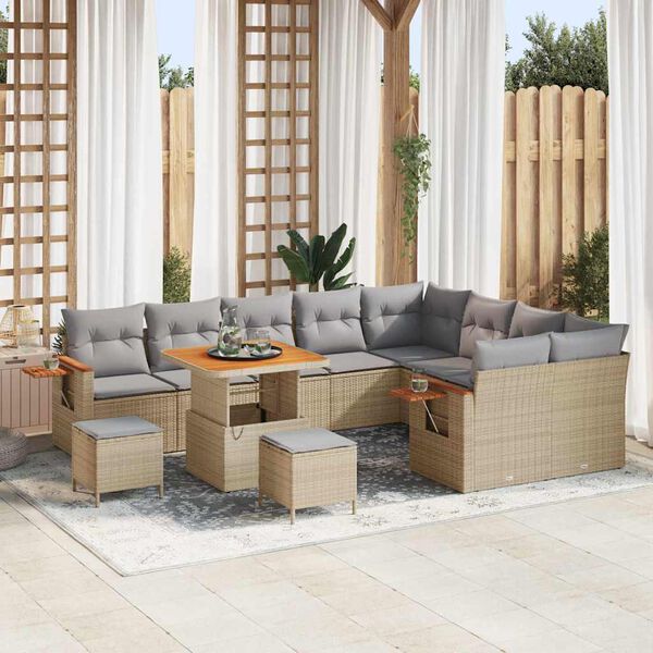 vidaXL Tuin Sofa Set met kussen met opslag Beige Poly riet