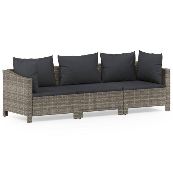 vidaXL 3-delige Loungeset met kussens poly rattan grijs