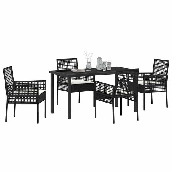 vidaXL Tuin eettafelset met kussen 5 pcs Zwart poly rattan