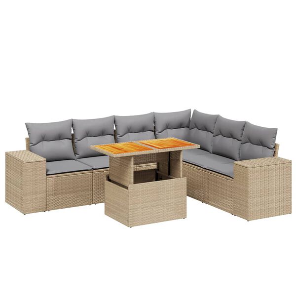 vidaXL 7-delige Loungeset met kussens poly rattan beige