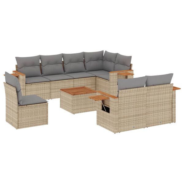 vidaXL 9-delige Loungeset met kussens poly rattan beige