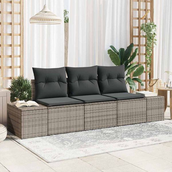 vidaXL Bankstel met kussen 3 pcs Grijs poly rattan
