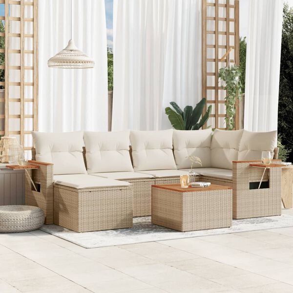 vidaXL 7-delige Loungeset met kussens poly rattan beige