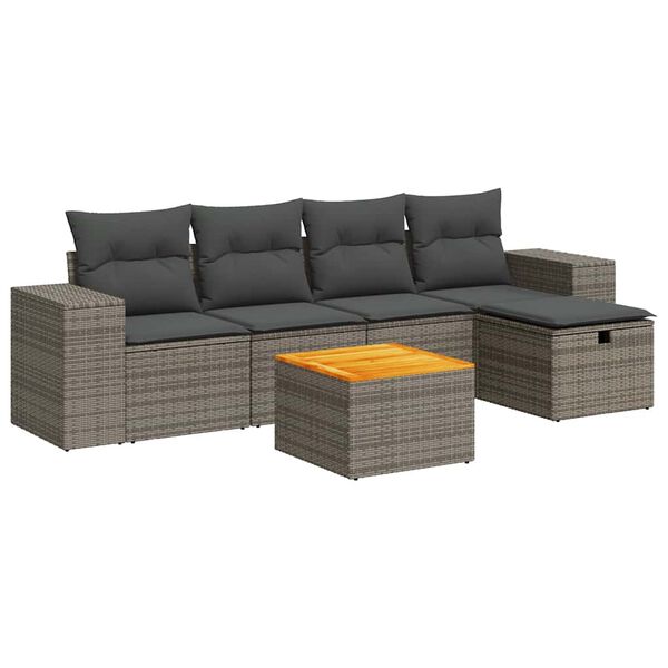 vidaXL 6-delige Loungeset met kussens poly rattan grijs
