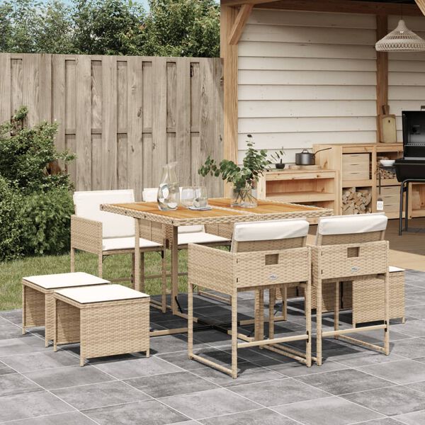 vidaXL 9-delige Tuinset met kussens poly rattan beige