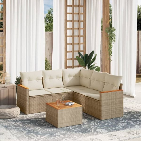 vidaXL 6-delige Loungeset met kussens poly rattan beige