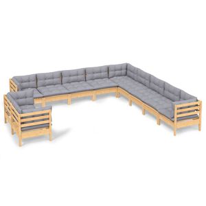 vidaXL 11-delige Loungeset met grijze kussens massief grenenhout