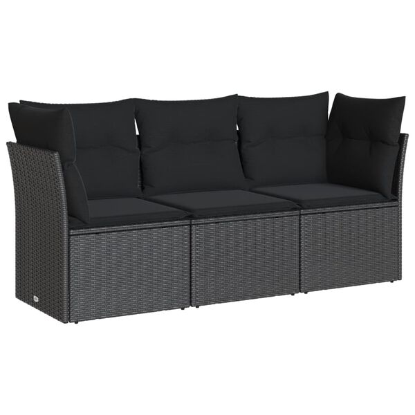 vidaXL 3-delige Loungeset met kussens poly rattan zwart