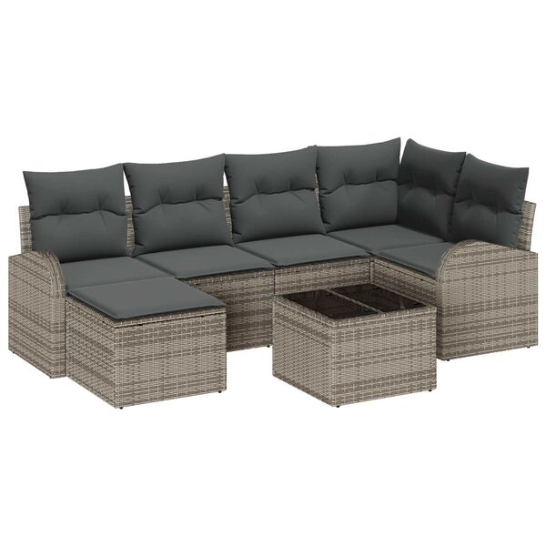 vidaXL Bankstel met kussen met opslag 7 pcs Grijs poly rattan