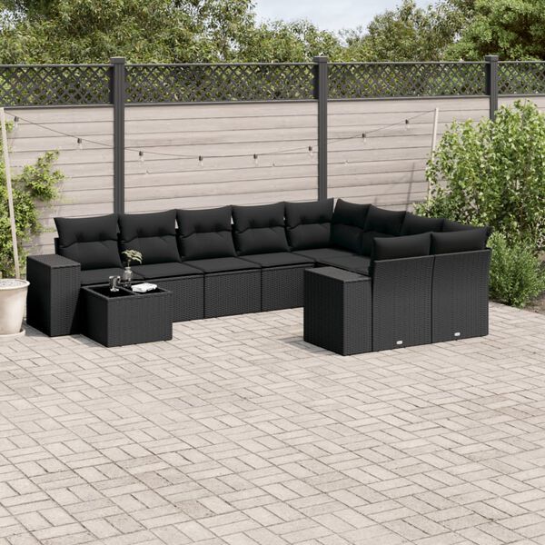 vidaXL 10-delige Loungeset met kussens poly rattan zwart