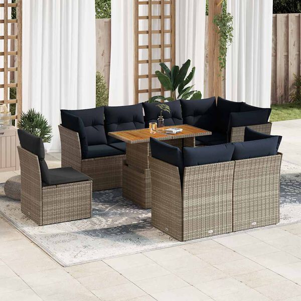 vidaXL 9-delige Loungeset met kussens poly rattan grijs