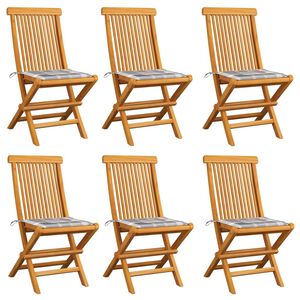 vidaXL Opklapbare stoelen met grijze kussens met ruitpatroon, 6 stuks, massief teakhout