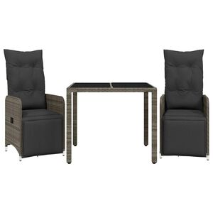 vidaXL 3-delige Bistroset met kussens poly rattan grijs