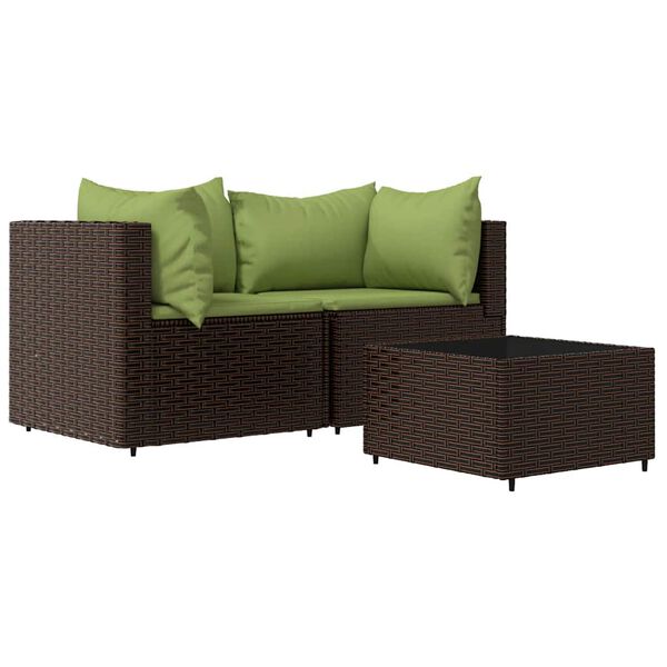 vidaXL 3-delige Loungeset met kussens poly rattan bruin