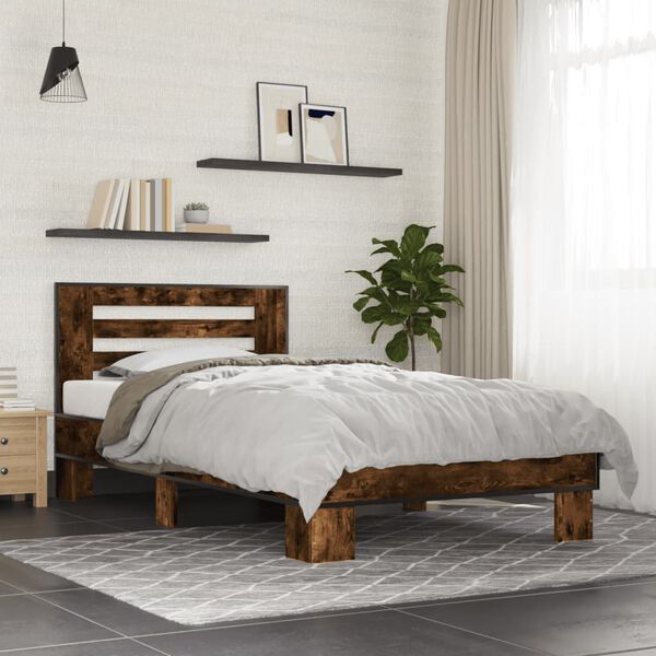 vidaXL Bedframe bewerkt hout en metaal gerookt eikenkleurig 90x200 cm