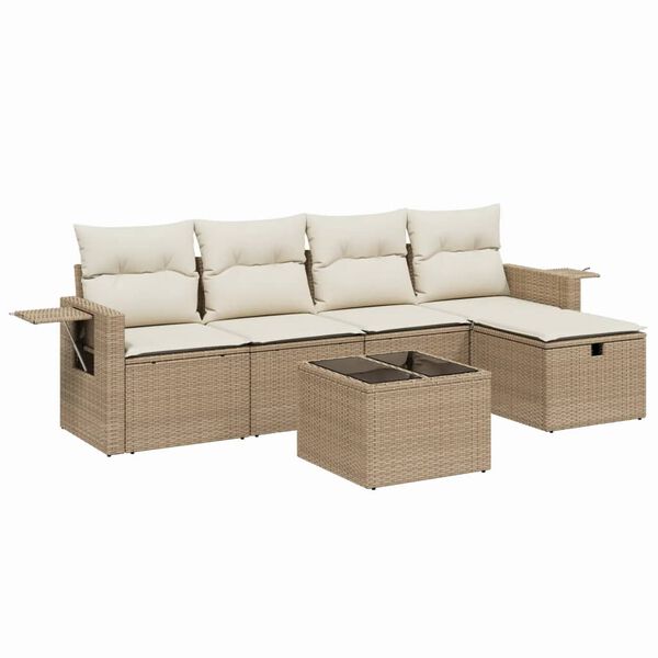 vidaXL 6-delige Loungeset met kussens poly rattan beige