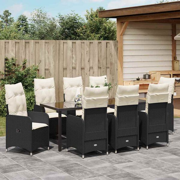 vidaXL Tuin eettafelset met kussen 9 pcs Zwart poly rattan